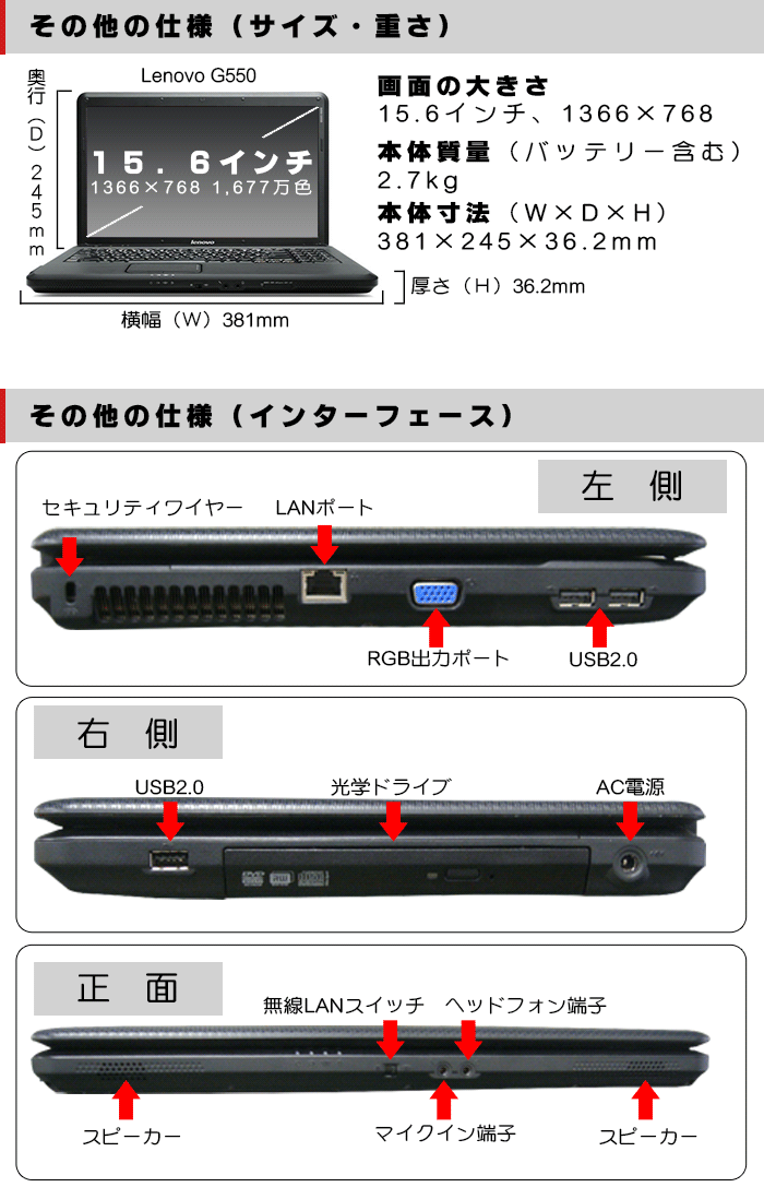 レンタルパソコンレノボの各部詳細
